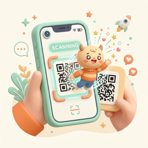 Illustration of a Mii QR code being scanned into a character screen